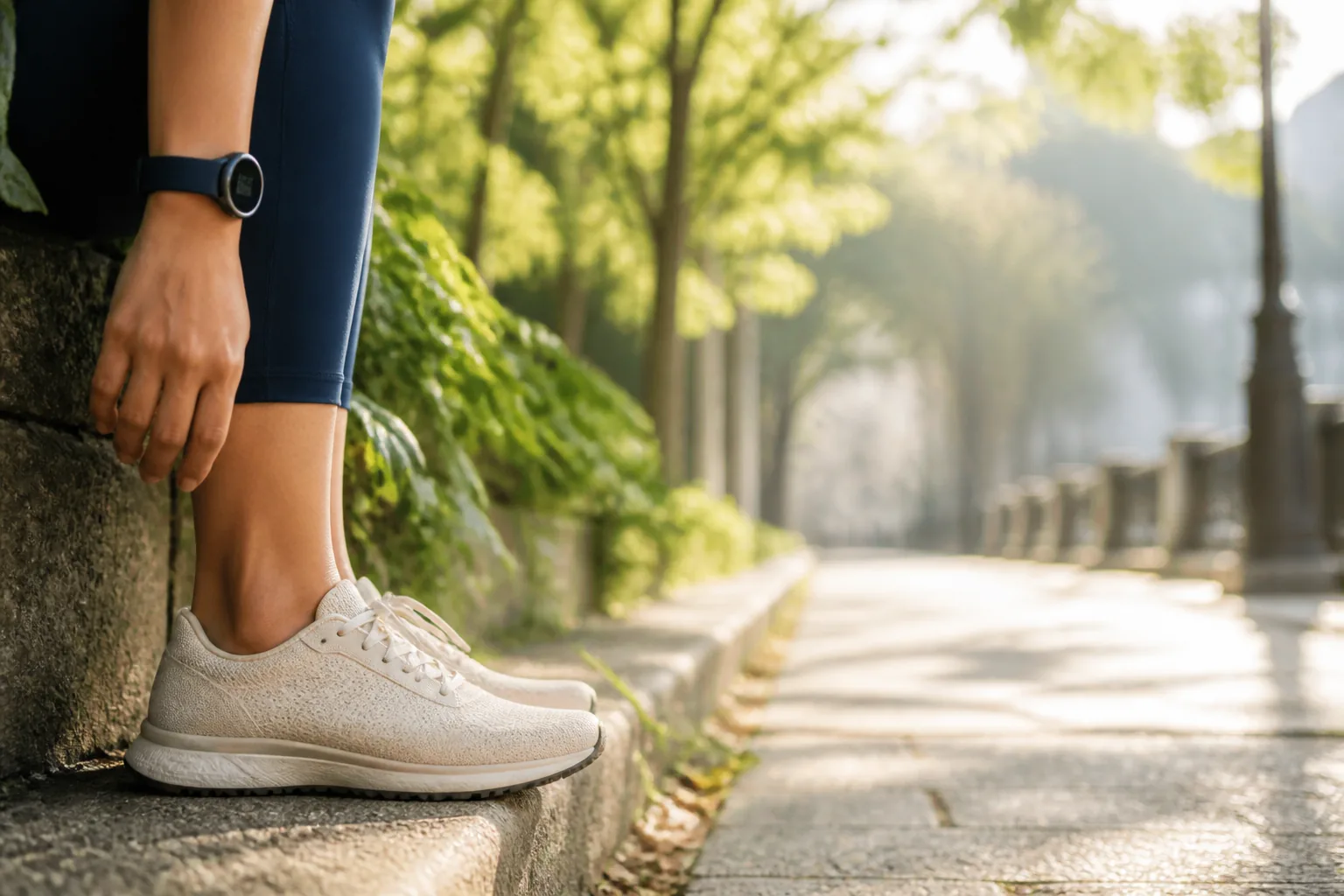 Chaussures de marche et compteur de pas discret sur un chemin urbain arboré
