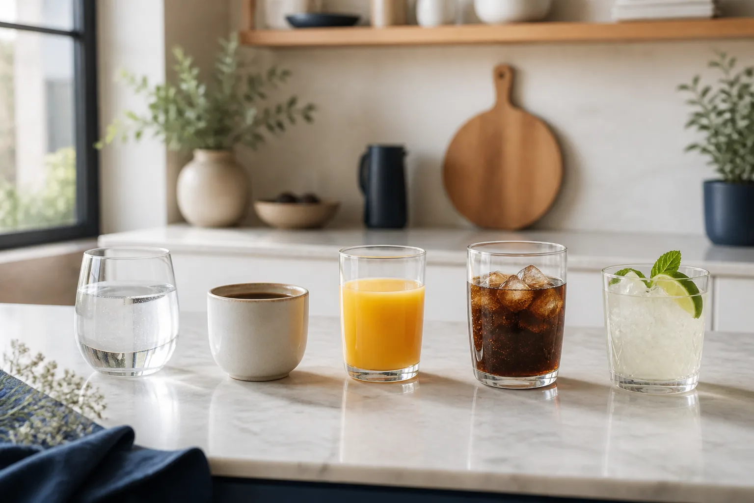 Comparaison visuelle entre eau, café simple, jus, soda et cocktail sur un comptoir clair
