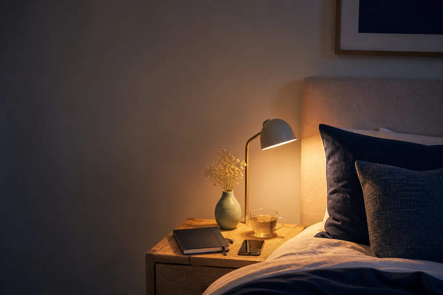 Chambre calme avec lampe douce, carnet fermé, téléphone posé et tisane