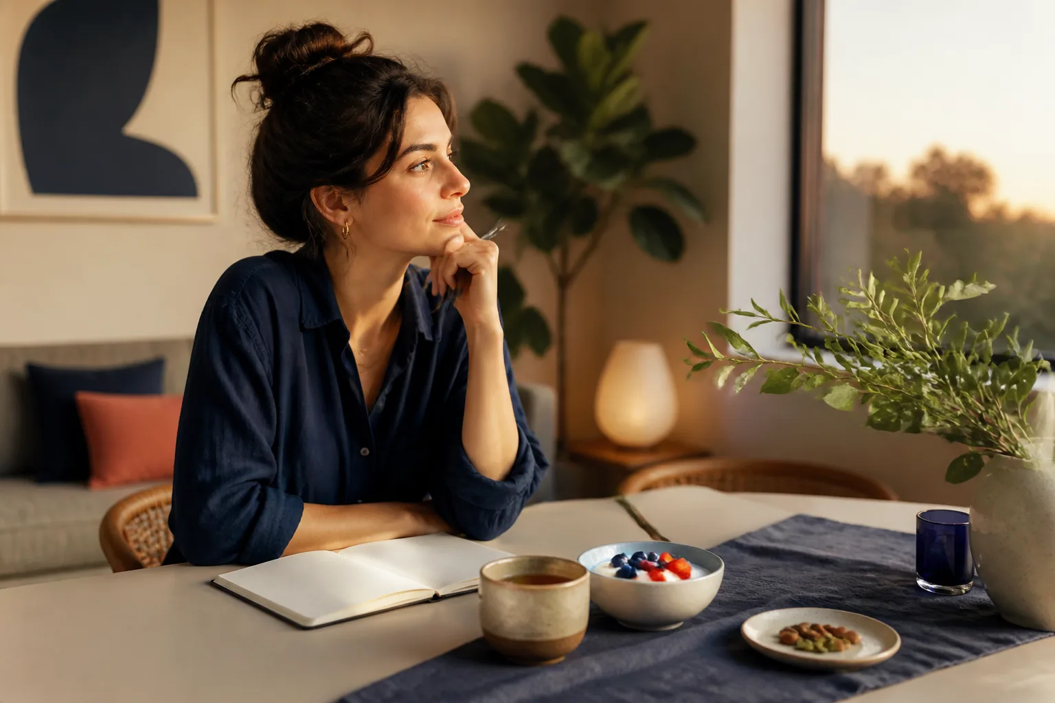 Personne assise calmement avec carnet, tasse et collation simple préparée sur une table