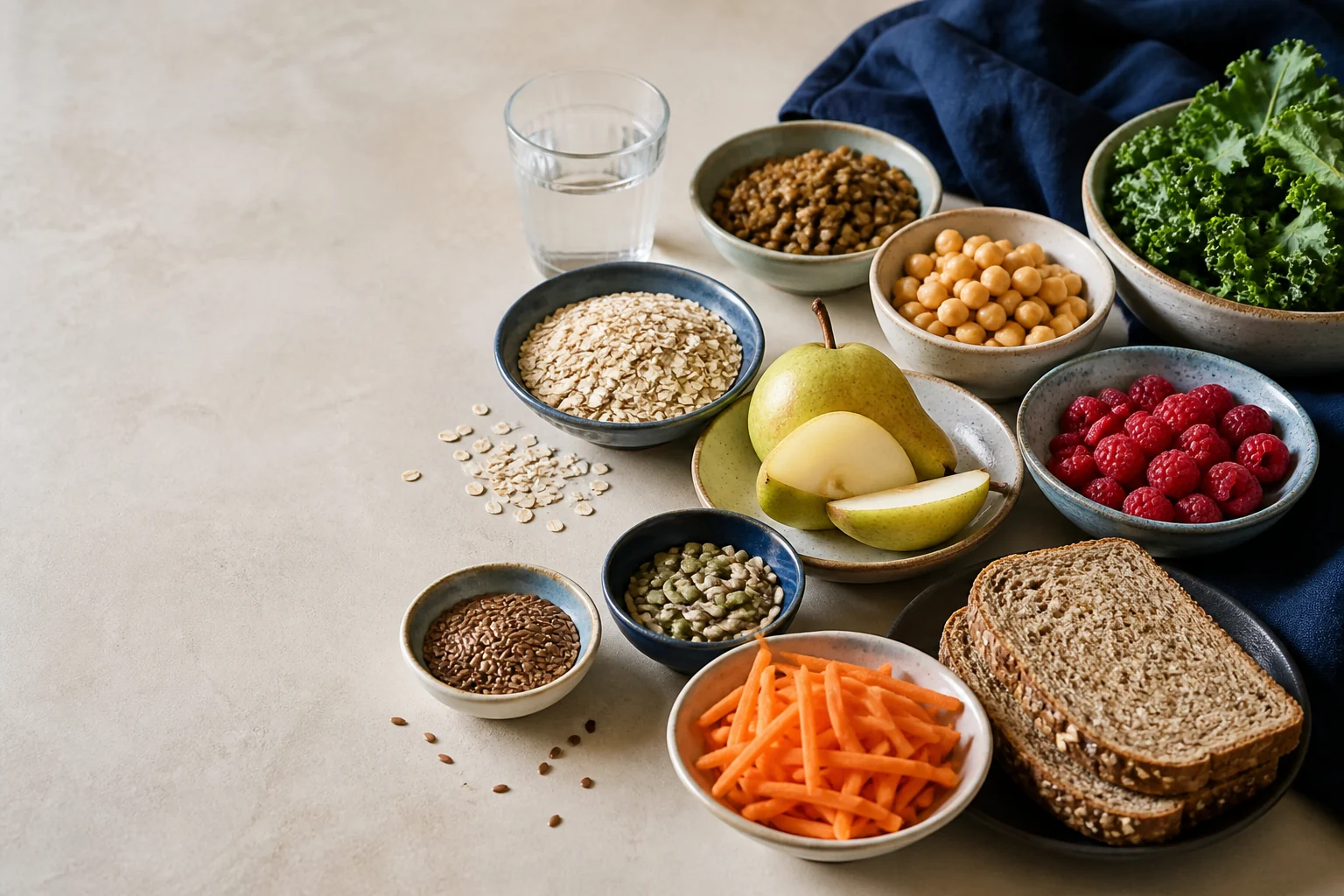 Avoine, lentilles, pois chiches, poire, framboises, carottes, graines et pain complet