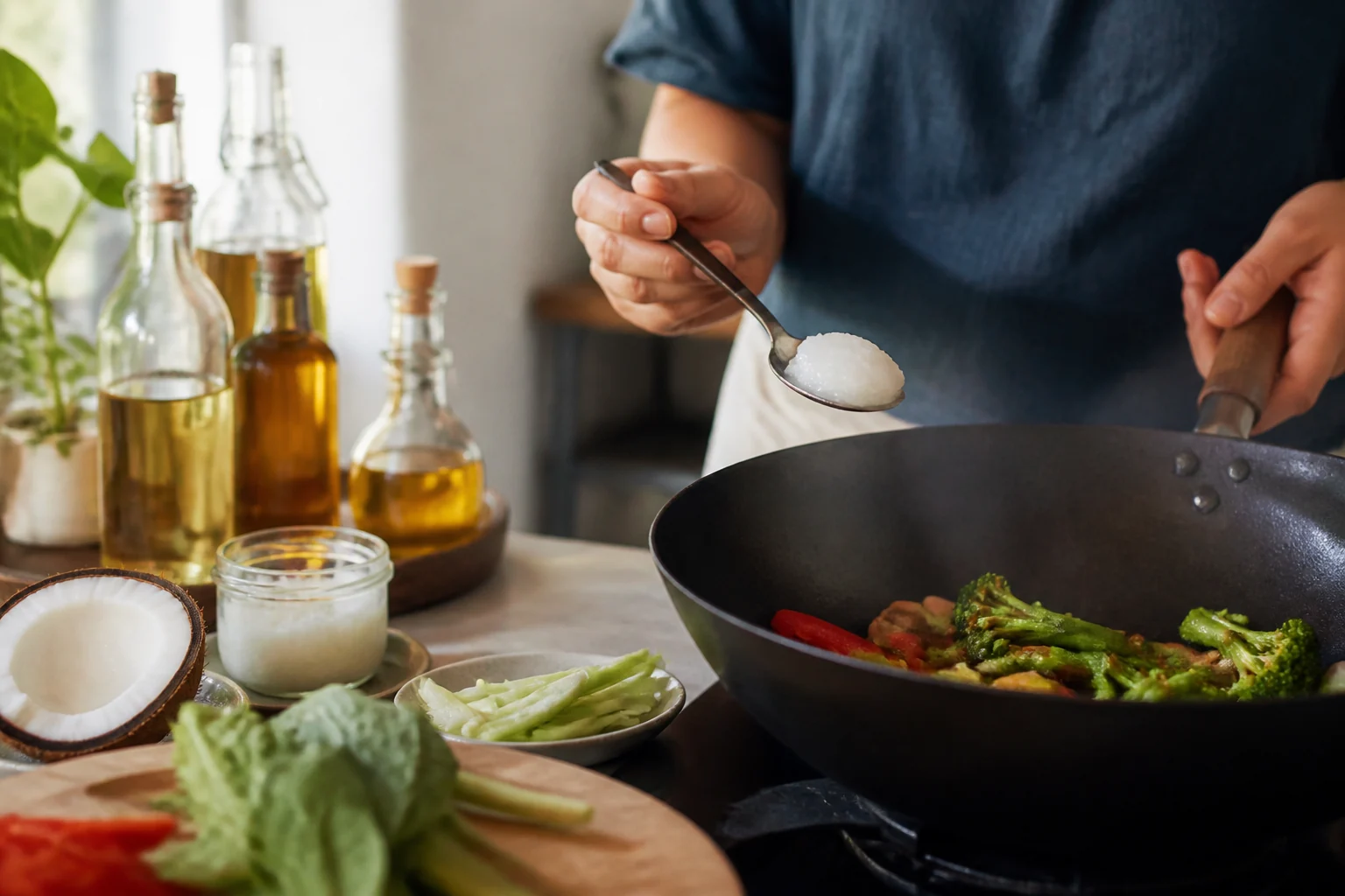 Photographie éditoriale en lien avec « Huile de coco : cuisson, cholestérol et effet santé réel »