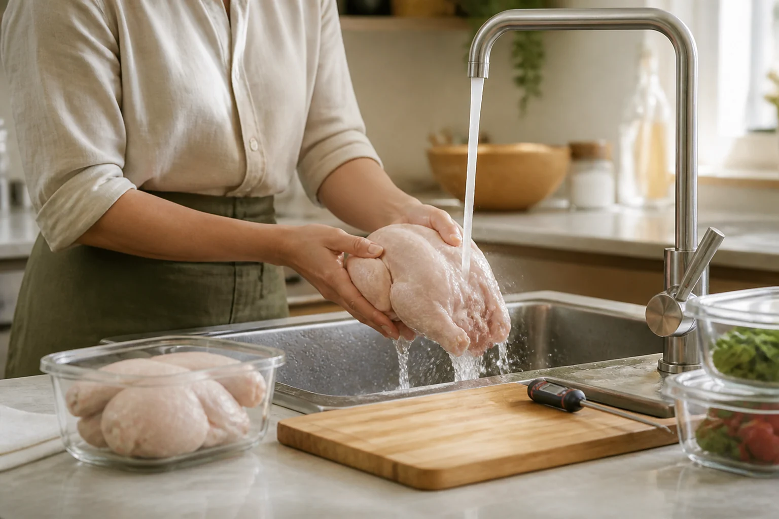 Photographie éditoriale en lien avec « Laver le poulet cru : une habitude qui augmente les projections »