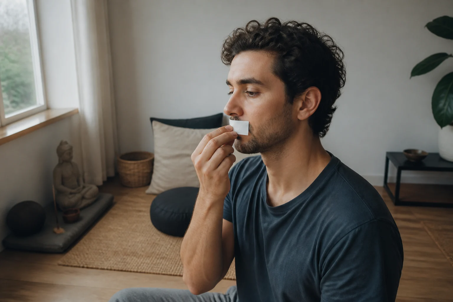 Photographie éditoriale en lien avec « Mouth taping : se scotcher la bouche améliore-t-il vraiment le sommeil ? »