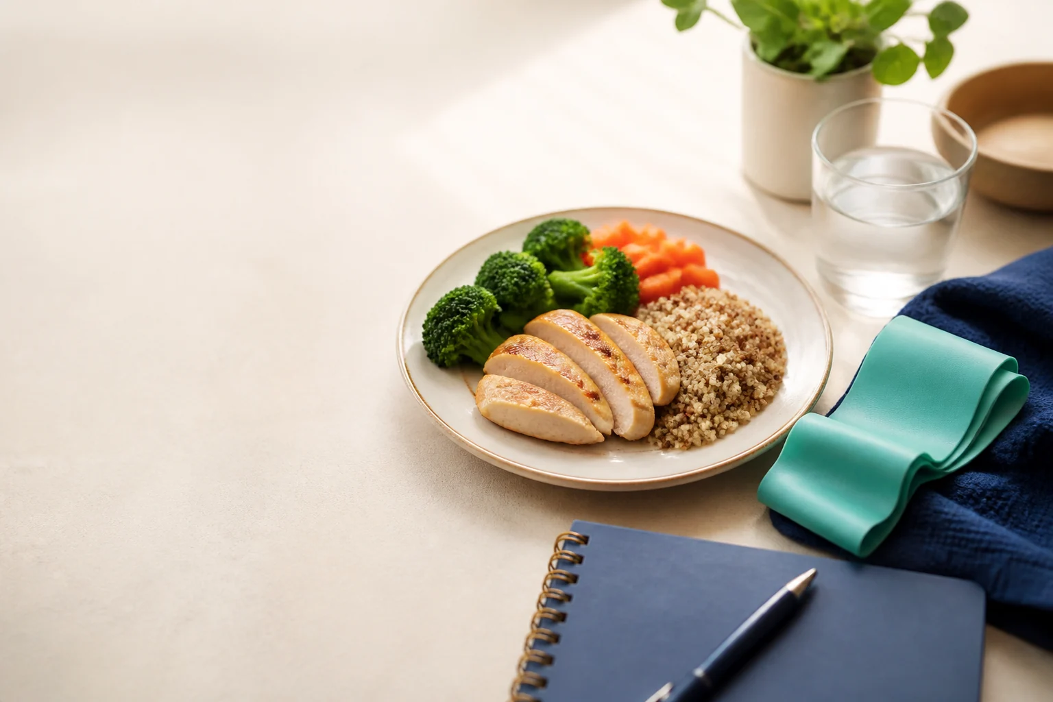 Petit repas équilibré, eau, carnet de suivi et bande de résistance