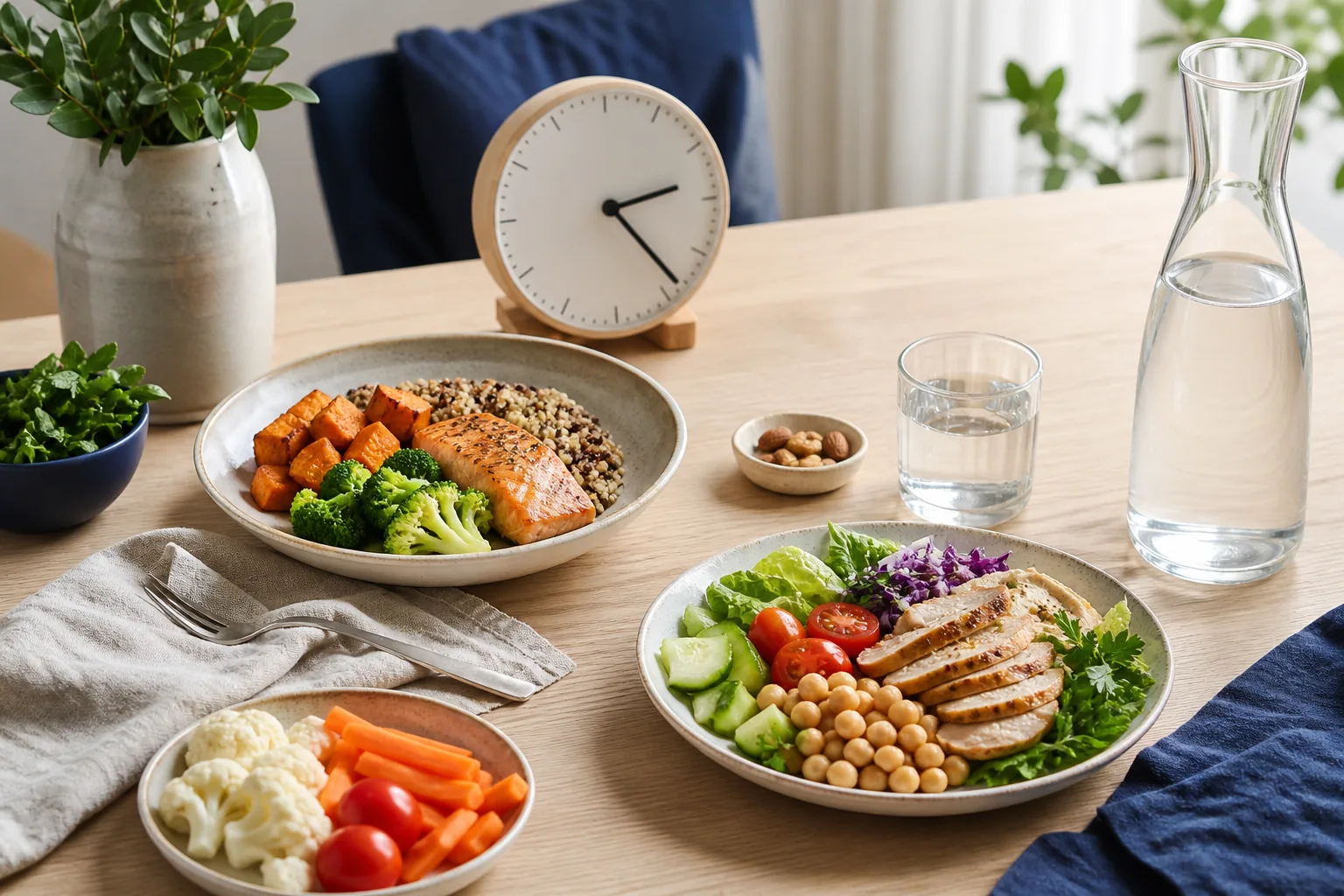 Table claire avec deux repas équilibrés, une horloge discrète et une carafe d’eau
