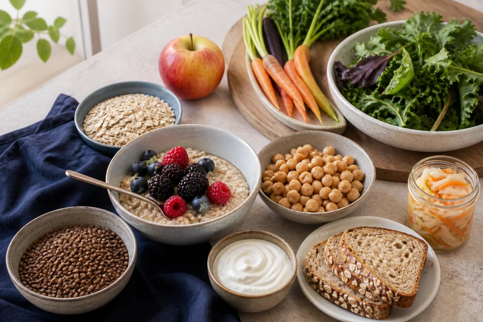 Aliments riches en fibres et produits fermentés disposés sur une table claire dans une ambiance naturelle