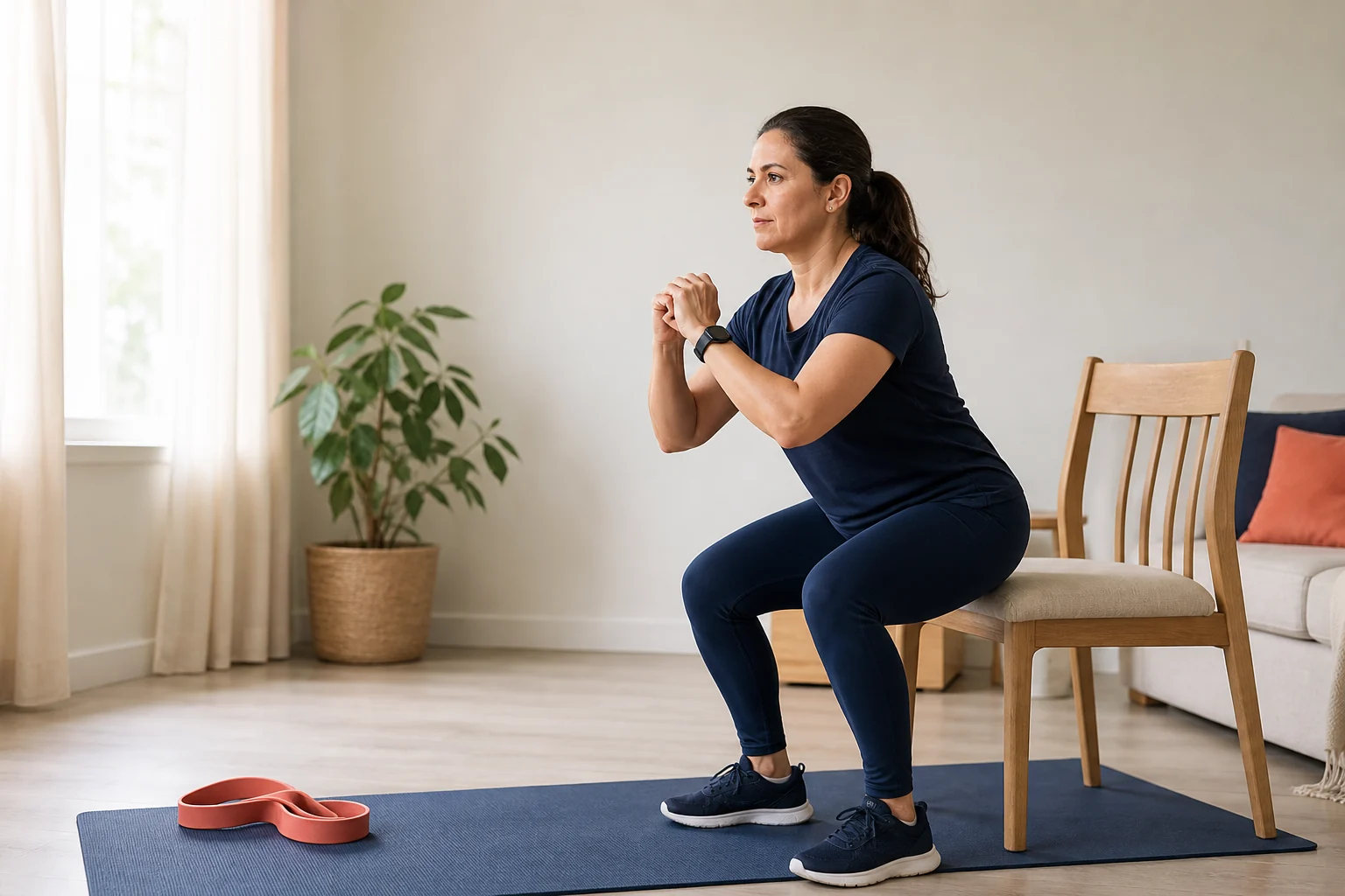 Femme réalisant un squat contrôlé devant une chaise dans un salon