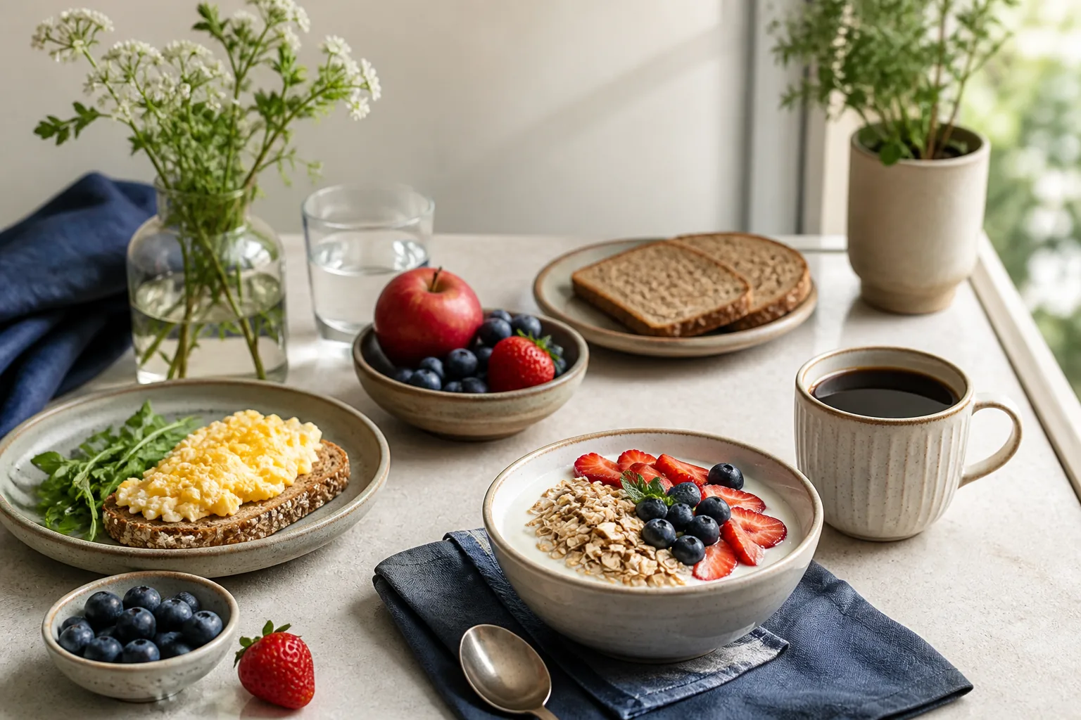 Petit-déjeuner simple avec yaourt, avoine, fruits, œufs et café non sucré