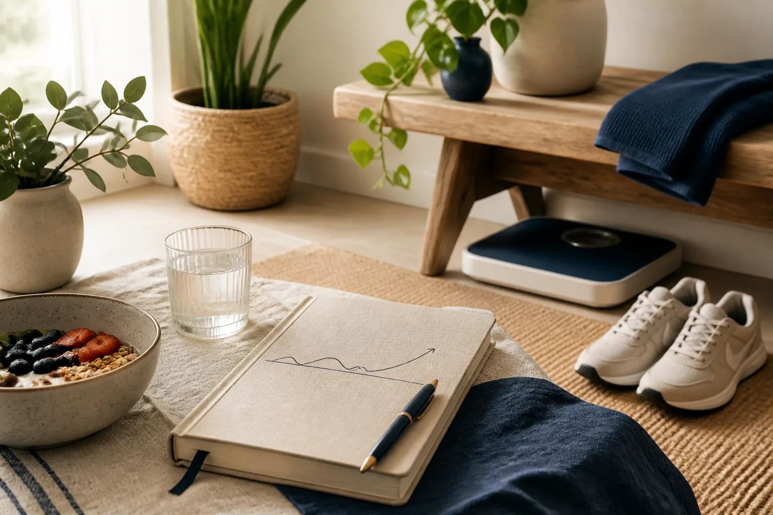 Courbe de progression dessinée dans un carnet près d’une balance rangée et de chaussures de marche