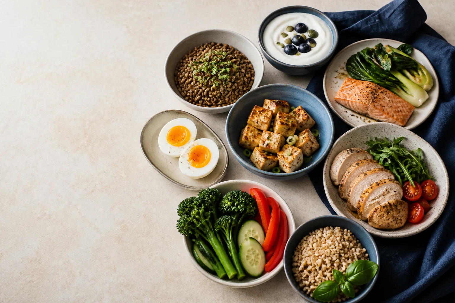 Sélection de lentilles, œufs, tofu, poisson, volaille, yaourt et légumes